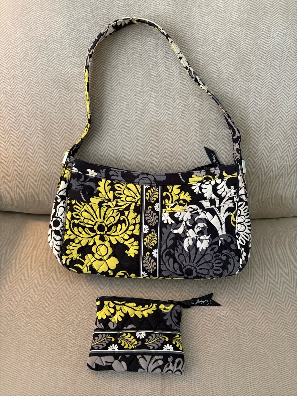 Vera Bradley Yellow Black Gray Floral Quilted Shoulder Bag with Zipper Pouch